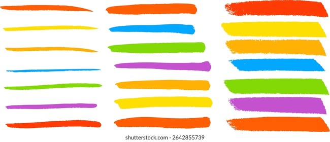 Set of vector multicolor brush strokes on transparent background. Ideal for highlights, design accents, or abstract decorative elements. Vector EPS 10