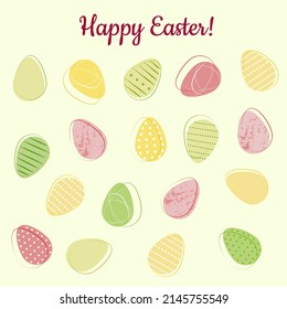 Set of vector multicolor easter eggs on green background; The holiday postcard "Happy Easter!"