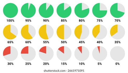 Conjunto de ícones de porcentagem de gráficos de pizza multicoloridos vetoriais que variam de 0% a 100% em etapas de 5%, projetados para infográficos, painéis de interface de usuário, apresentações e projetos de visualização de dados.