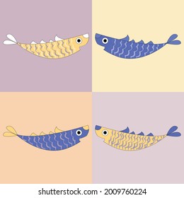 Set of vector multicolored blue-yellow cute fish on isolated background. Fish set.