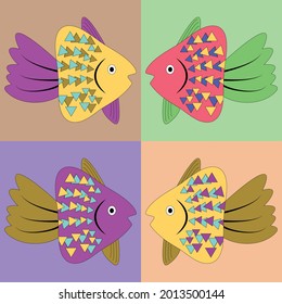 Set of vector multicolored colorful cute fish on isolated background. Fish set.