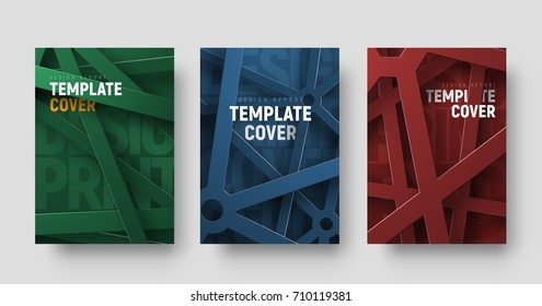 set of vector multicolored covers in a futuristic style with intersecting abstract lines and text between them. Design templates for printing flyers, books, brochures or reports.