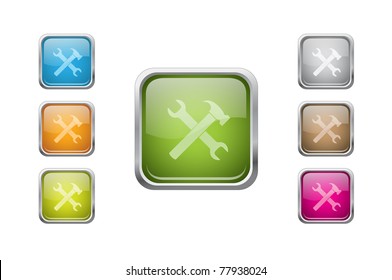 Set of vector multicolored glossy rounded square buttons with tools sign icons.EPS 10.