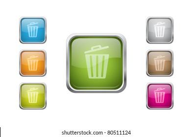 Set of vector multicolored glossy rounded square buttons with bin sign icons. EPS 10.