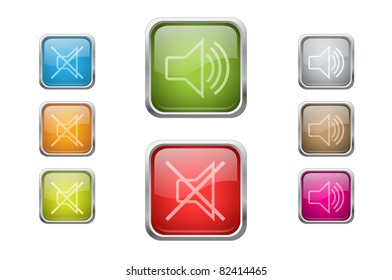 Set of vector multicolored glossy rounded square buttons with volume sign icons. EPS 10.