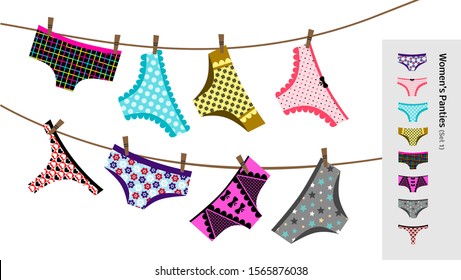 Conjunto de Vectores Panty de Mujeres de Múltiples Colores.  Colección De La Lingerie Femenina De Algodón Y Raza. 