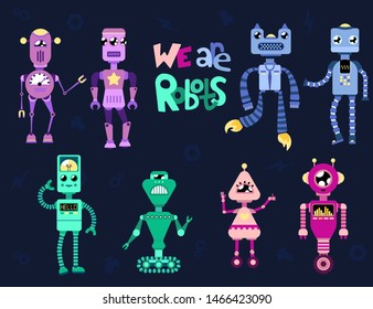 Set vector multicolored pastel blue green pink color cute different robots with the text "we are robots" on a dark blue background eight robots with small elements for children