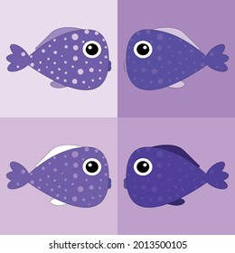 Set of vector multicolored  purple cute fish on isolated background. Fish set.