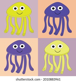 Set of vector multicolored purple -yellow cute jellyfish on isolated background. Fish set.