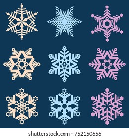 Set of vector multicolored snowflakes on a blue background.