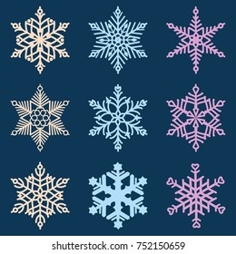 Set of vector multicolored snowflakes on a blue background.