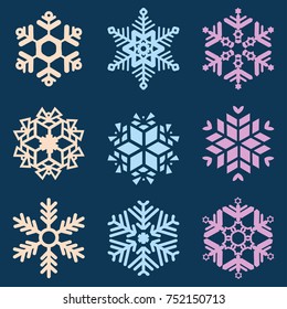 Set of vector multicolored snowflakes on a blue background.