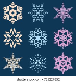 Set of vector multicolored snowflakes on a blue background.