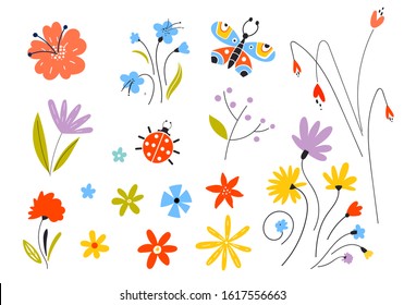 Set of vector multicolored spring flowers. Decorative easter elements in a flat style. Leaves of branches and plants. Butterflies, floral elements.