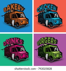 set of vector multicolored templates for fast food cars.