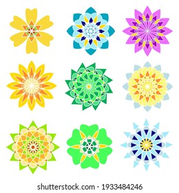 Set of vector multicolored unusual round geometric graphic floral patterns on white background 