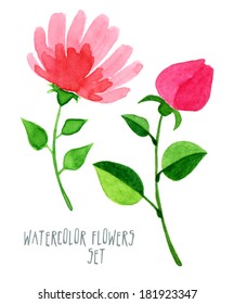 set of vector multicolored watercolor stylized flowers