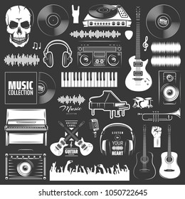 Set of vector music elements. Music icons for audio store, recording studio label, podcast and radio station. Set of badges and logos of music. The collection of symbols and emblems for printing.