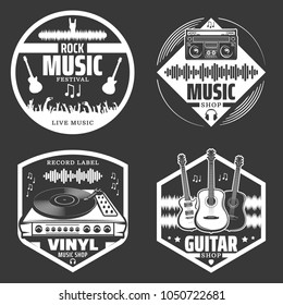 Set of vector music emblems. icons for audio store, recording studio label. Set of badges and logos of rock and rap classical music, electronic music and disco.