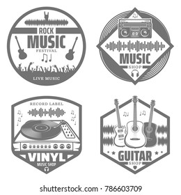 Set of vector music emblems. Music icons for audio store, recording studio label. Set of badges and logos of rock and rap classical, electronic music and disco.