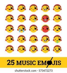 Set of vector music emojis. Emojis wearing headphones. Attitude to music fasial expressions.
