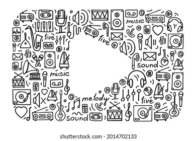 Set of vector music icons. Doodle collection of black silhouettes isolated on white background. Hand drawn musical instruments, elements and notes