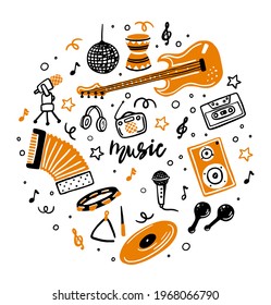 A set of vector music icons. Hand-drawn doodles, Musical instruments, Retro music equipment. Music of words. Guitar, accordion, speakers, microphone