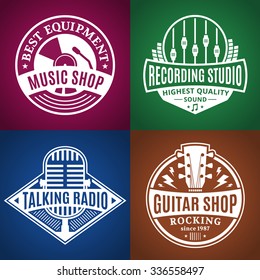 Conjunto de logotipo de música vetorial. Gravadoras de estúdio de música, rádio e lojas