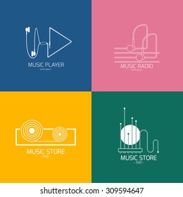 Set of vector music logos and signs. Recording studios and radio badges. Vintage emblems with simple text.