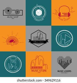 Set of vector music logos and signs. Recording studios and radio badges. Vintage emblems with simple text.