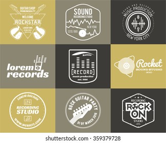 Set of vector music production logo Musical label icons. Music sticker and emblem print or logotype Guitar badge for sound recording studio t shirt, sound production Podcast, radio badges. Music icon