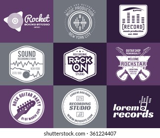 Set of vector music production logo Musical label icons. Musician patch and emblem print or logotype Guitars badge for sound recording studio t shirt, sound production Podcast, radio badges.