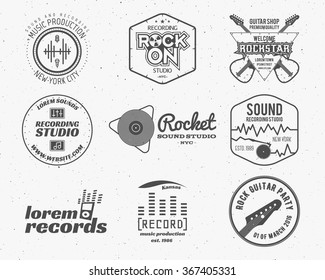 Set of vector music production logo,label, sticker, emblem, print or logotype with elements - guitar, sound recording studio, t-shirt, sound production. Podcast and radio badges, typography design