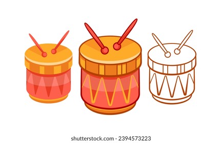 Set of vector musical drums of different colors in cartoon style.