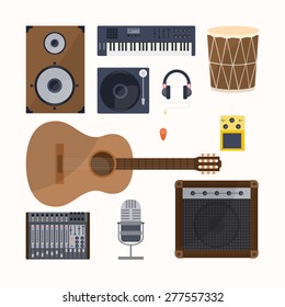 Set of vector musical instruments in the flat style : Mixer,Guitars , midi - piano, Guitar Amplifiers , Headphones. Isolated vector flat illustrations