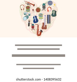 Set of vector musical instruments in heart shape. Space for text. Vector design posters, flyers or cards. 