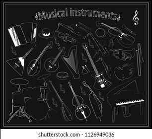 Set of vector musical instruments on a black background
