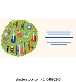 Set of vector musical instruments on textured background. Hand drawn sketch collected in a circle border for text. Vector design posters, flyers or cards. 