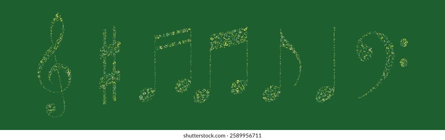 Set of vector musical symbols made of smaller music notes and icons. Abstract decorative collection of music elements for posters, banners, and graphic design