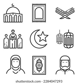 set of vector muslim icons in lineal style with black color. there are some icons that represent muslims and their worship when praying, reading the al-Quran, as well as islamic objects and buildings