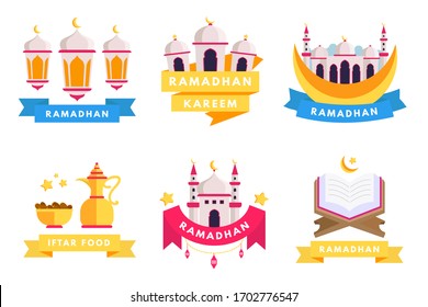 Conjunto de ilustraciones de musulmanes vectoriales, íconos para la oración y ramadan kareem.