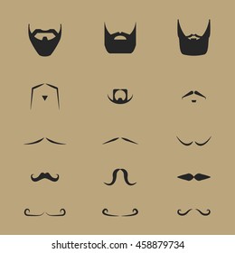 Set of vector mustache and beards Black hair hipster set Retro curly collection Barber silhouette