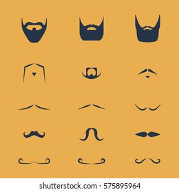 Set of vector mustache and beards Black hair hipster set Retro curly collection Barber silhouette