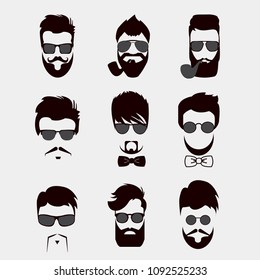 Set of vector mustache, beards, hair hipster with glasses, bow tie and smoking pipe . Retro curly collection. Barber silhouette set