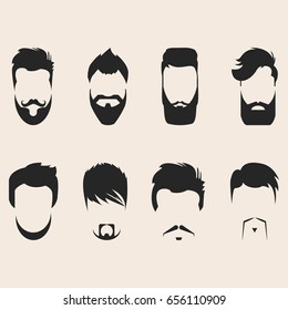 Set of vector mustache, beards and hair hipster. Retro curly collection. Barber silhouette