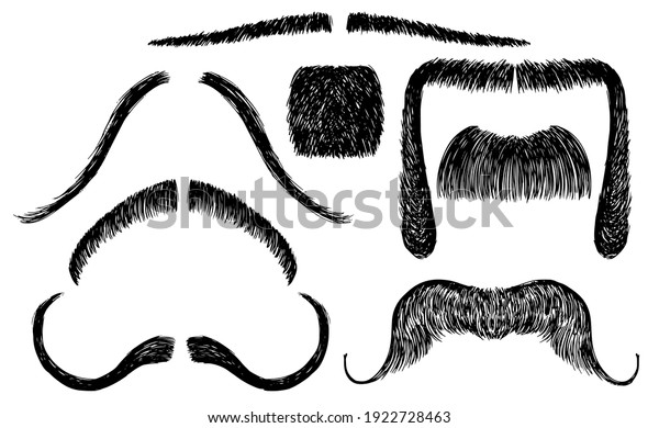 Set of vector mustache in\
sketch style on white isolate. Men\'s shave style. Clip art to\
create a guy image. Graphic elements for advertising a\
barbershop.