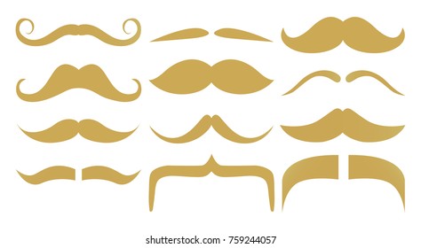 Set of vector mustaches icons in gold and white. Gold male mustache isolated on white background design illustration.