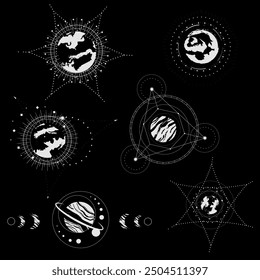 Set of vector mystical drawings, stylized solar system. black and white. planets. Moon phases	