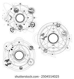 Conjunto de emblemas místicos de Vector de cuerpos celestes solares. Mapa del cielo. Espacio. Universo. Planetas