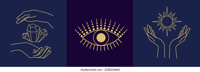 Satz mystischer Vektorsymbole in Hand, Augen, Sonne, Kristallen